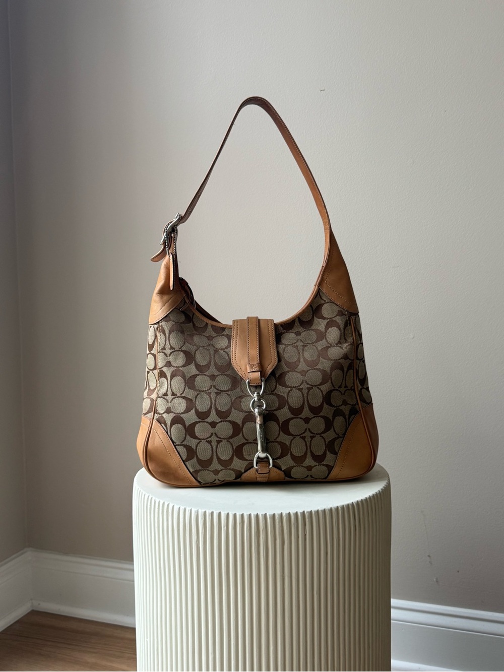 Coach Hampton Hobo Signature Shoulder Bag with Tan Leather Trim